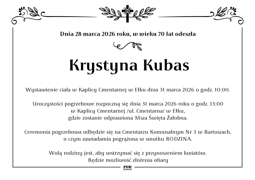 Krystyna Kubas - nekrolog